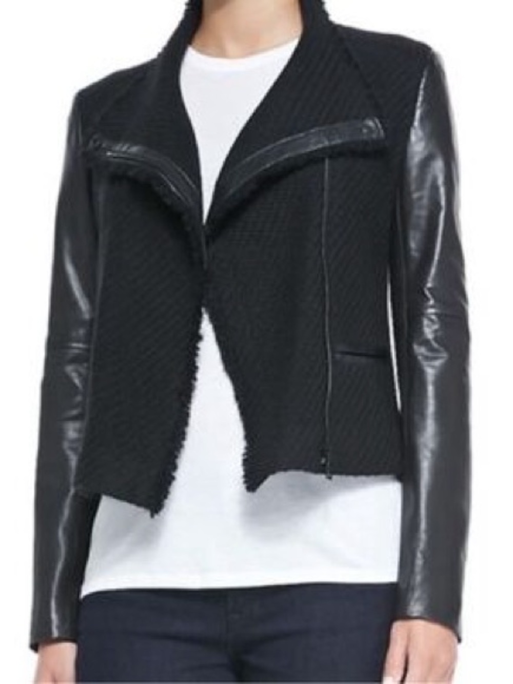 Vince Black Mixed-Material Leather-Sleeve Moto Jacket